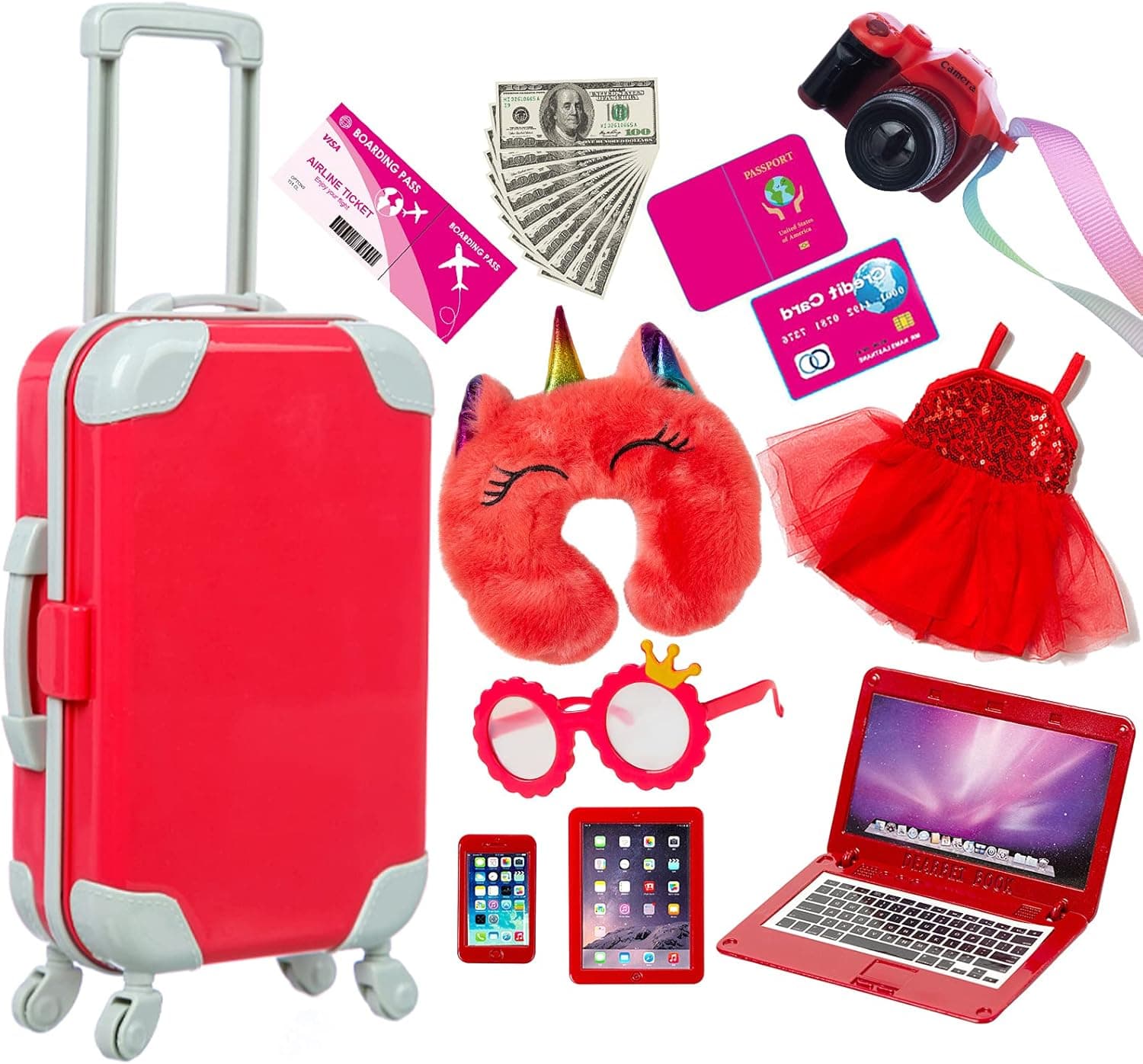XFEYUE 18 inch Doll Clothes and Accessories - Suitcase Travel Luggage Play Set, Including Doll Clothes, Sunglasses, Camera, Computer, Mobile Phone, Unicorn Pillow Fit 18 inch Girl Doll