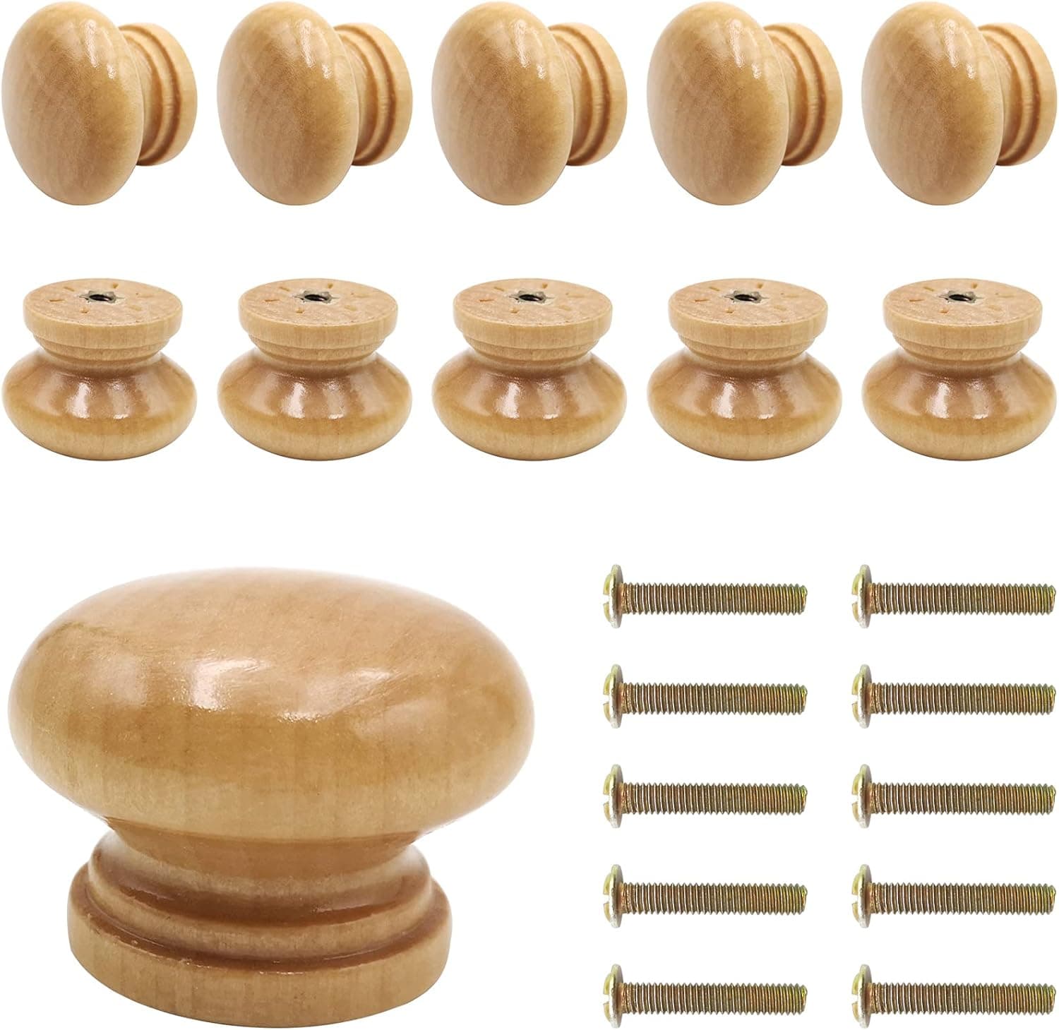 Bmgop 10PCS Round Wood Knobs Natural Wooden Cabinet Knobs Pulls for Drawer Dresser Cupboard Mushroom Shape (Diameter: 1.3", Height: 1")