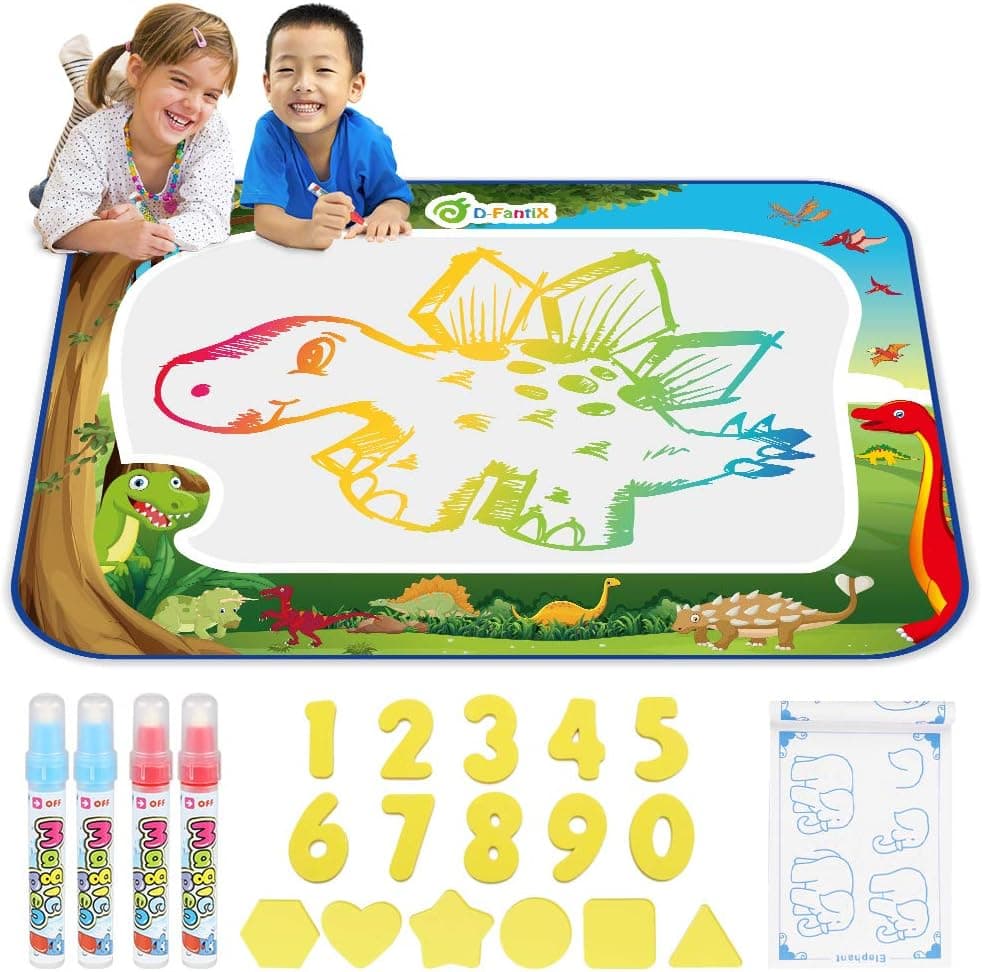 D-FantiX Water Doodle Mat, Large Water Drawing Mat Kids Magic Doodle Board Painting Writing Dinosaur Doodles Pad with 4 Magic Pen Educational Toy Gift for Toddlers Boys Girls Rainbow Colors