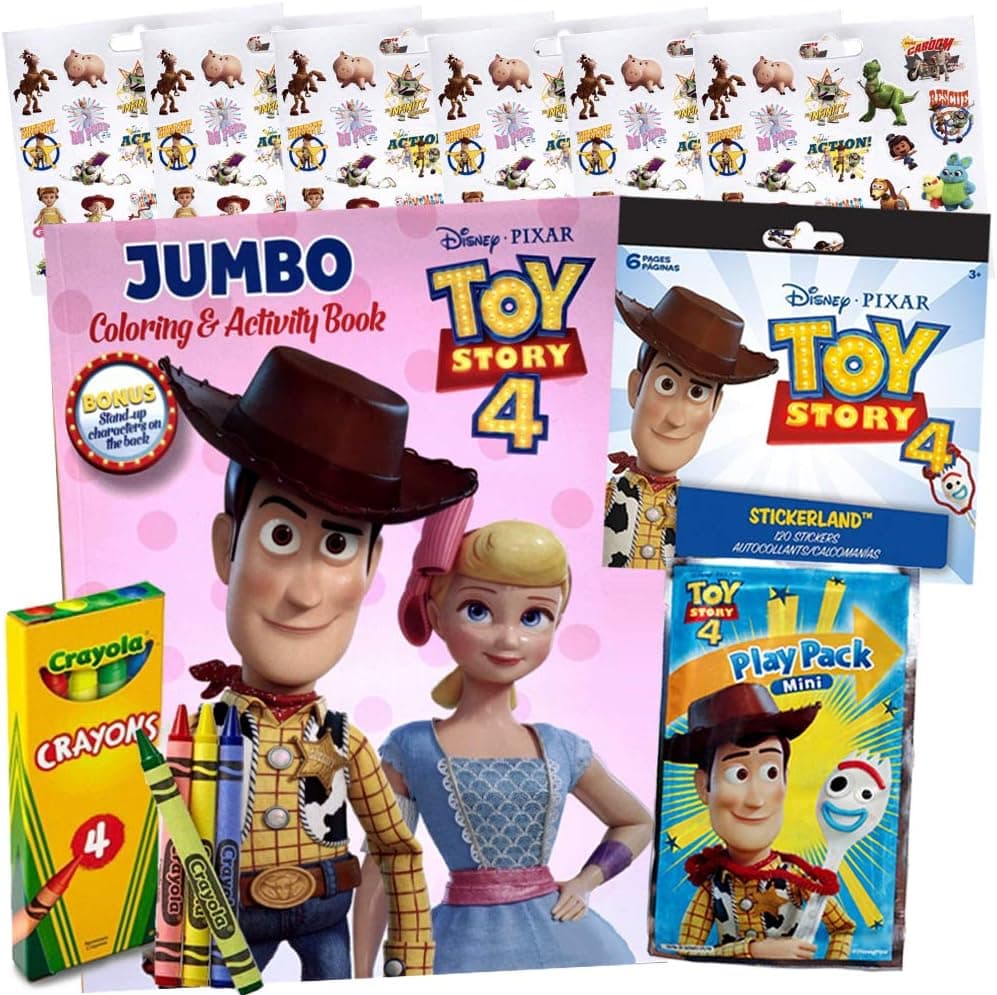 ColorBoxCrate Toy Story 4 Coloring Book Toy Set for Girls 4 Pack Includes Toy Story 4 Coloring Book, 120 Toy Story 4 Stickers, Crayons, and Mini Toy Story 4 Play Pack for Children Ages 3 to 8