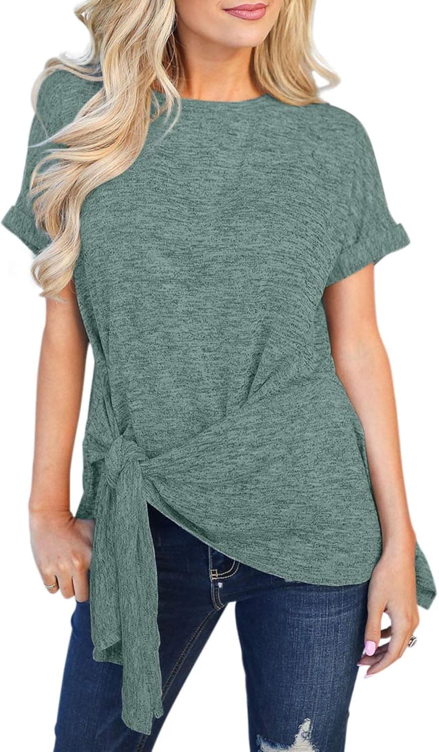 Chase Secret Womens Casual Solid T-Shirt Round Neck Tunic Tops Basic T-Shirt Blouse Plus Size X-Large Green