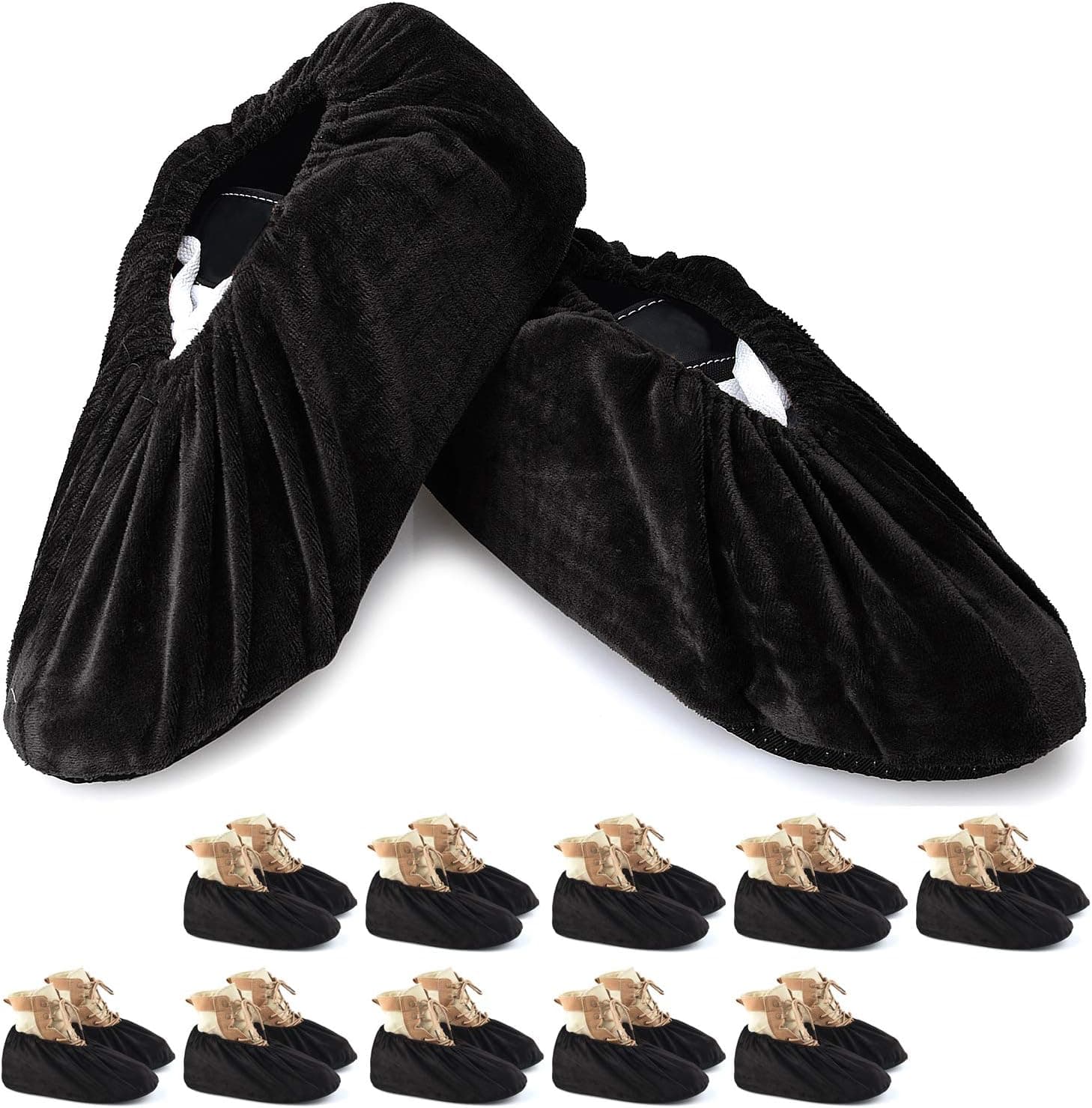 PlasMaller 10 Pairs Black Non Slip Washable Reusable Shoe Covers for Household Thickened Boot Covers, XL