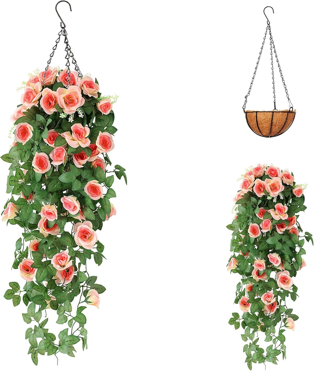 Artificial Hanging Flowers, Hanging Baskets Fake Hanging Silk Rose Flowers Vine Hanging Plants in Baskets Faux Flowers Hanging Planters for Courtyard Garden Indoor/Outdoor Decoration (Champagne)