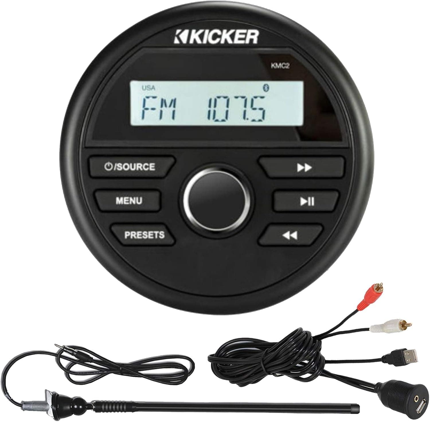 Kicker KMC2 Marine Gauge Style AM/FM Radio Stereo Receiver Media Player Bundle Combo With Enrock USB/AUX To RCA Interface Mount Cable, 45" Radio Antenna Mast