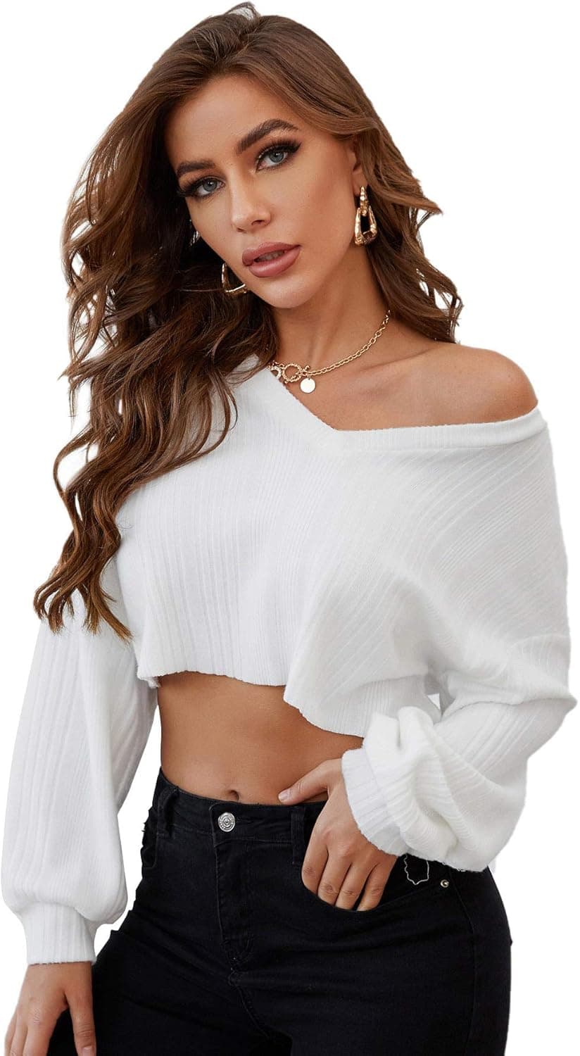 Romwe Women's Casual Long Sleeve Notched Neck Crop T Shirt Tops Tee