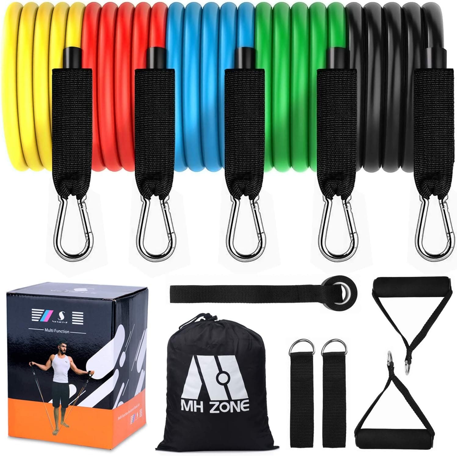 MH Zone 11 pc Resistance Band Set with 5 Resistance Loop Bands for Yoga, Door Anchor and Legs Ankle Straps, Fit for Resistance Training, Home Gyms Workouts, Fitness Yoga