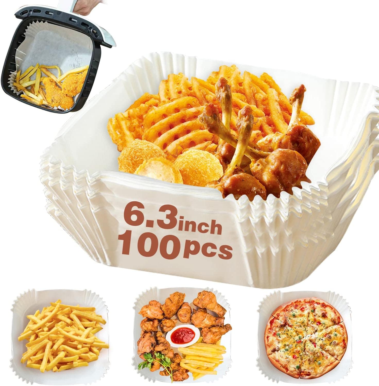 Air Fryer Paper Liners Square, 100Pcs Air Fryer Disposable Paper Liner, Air Fryer Parchment Paper Liners Oil-Proof, Water-Proof, Food Grade Baking Paper for Air Fryer, Steamer, Microwave (White)