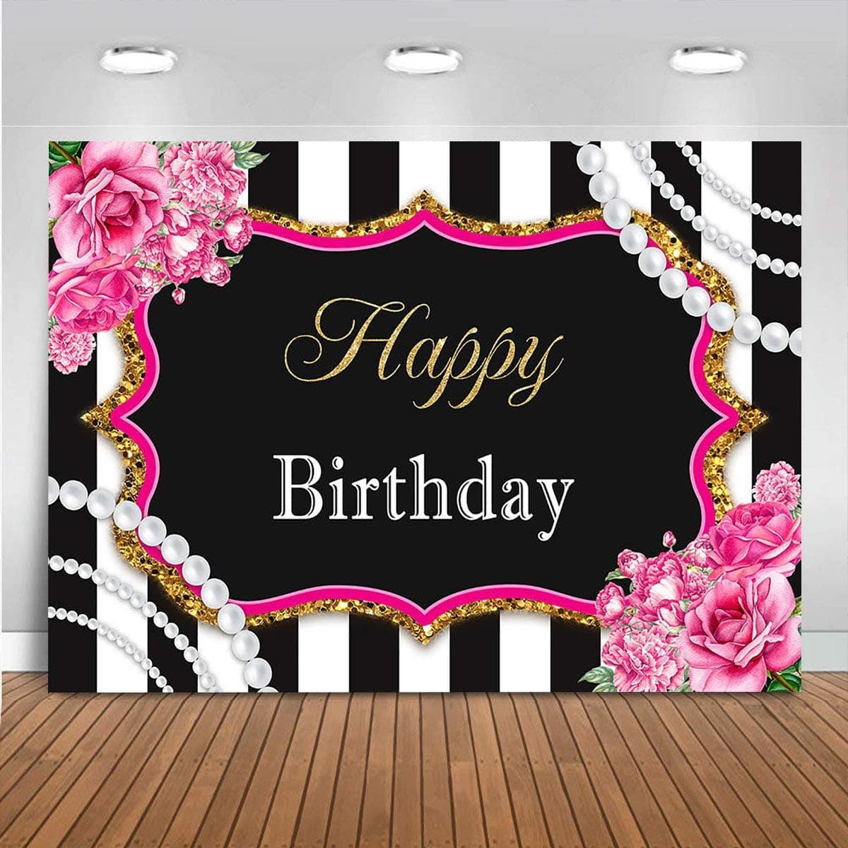 Mocsicka Rose Floral Happy Birthday Party Backdrop Black and White Stripes Girl Women Background Vinyl Flowers Pearl Cake Table Party Decorations Banner Photo Booth (5x3ft)