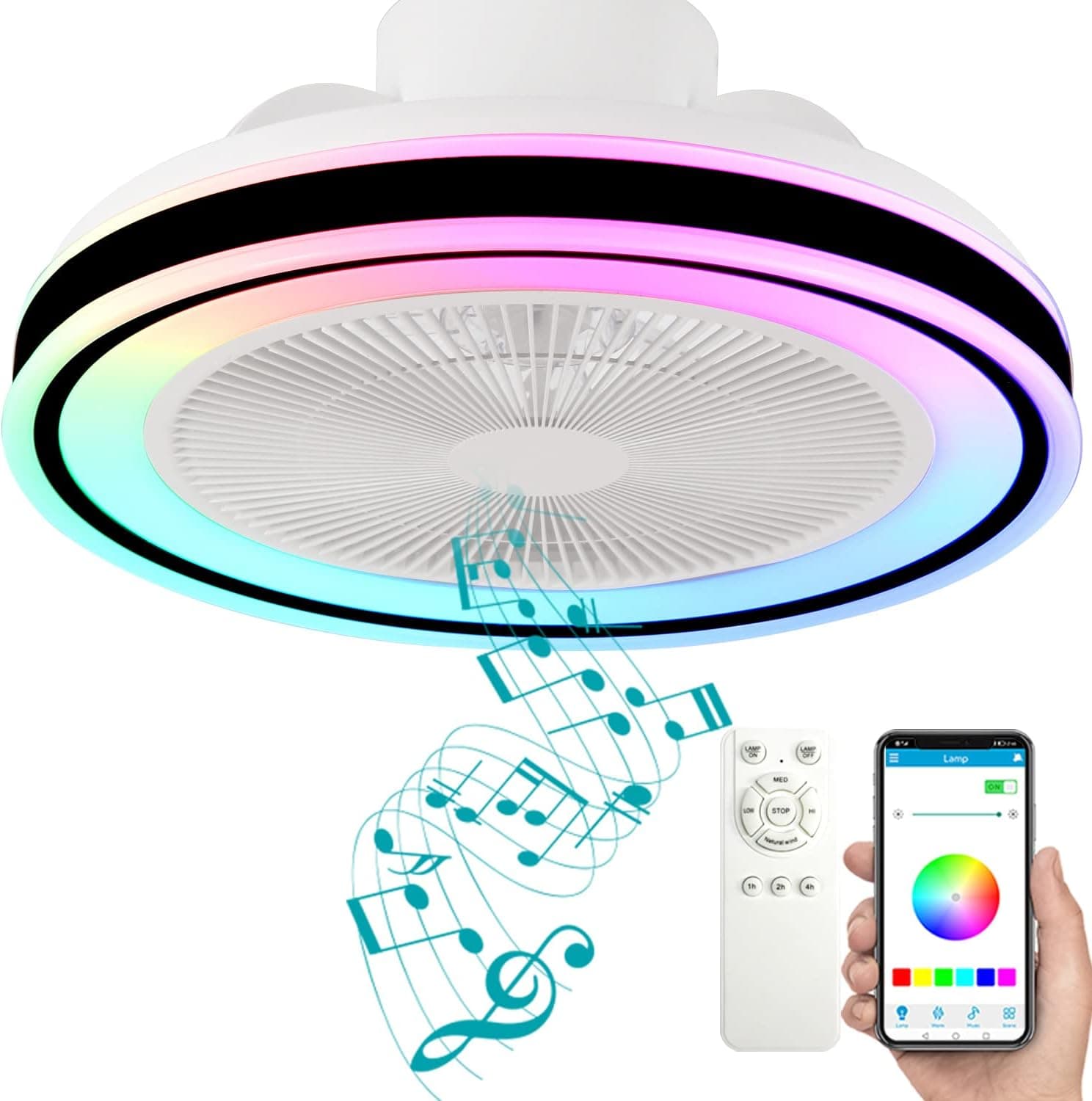 Dewshrimp Flush Mount Ceiling Fan,Bladeless Ceiling Fan with Bluetooth Speaker, Enclosed Ceiling Fan with Dazzling Light Effect, 7-Color Dimmable, App And Remote Control, 6-Speed Reversible, 19.68 In…