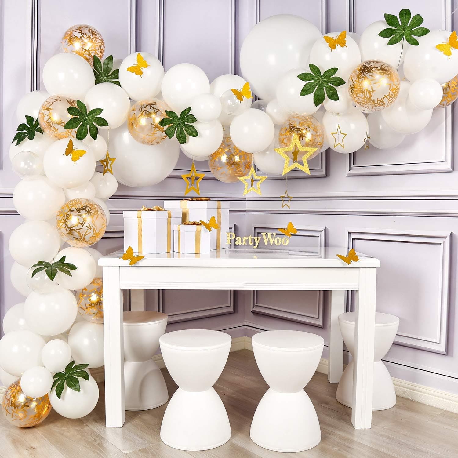 PartyWoo Gold White Balloon Garland Kit, Set of White Balloons, Gold Confetti Balloons and Palm Leaves, Gold White Balloons for Rustic Wedding Decorations, Tropical Party, 2 pcs Jumbo Balloons Include