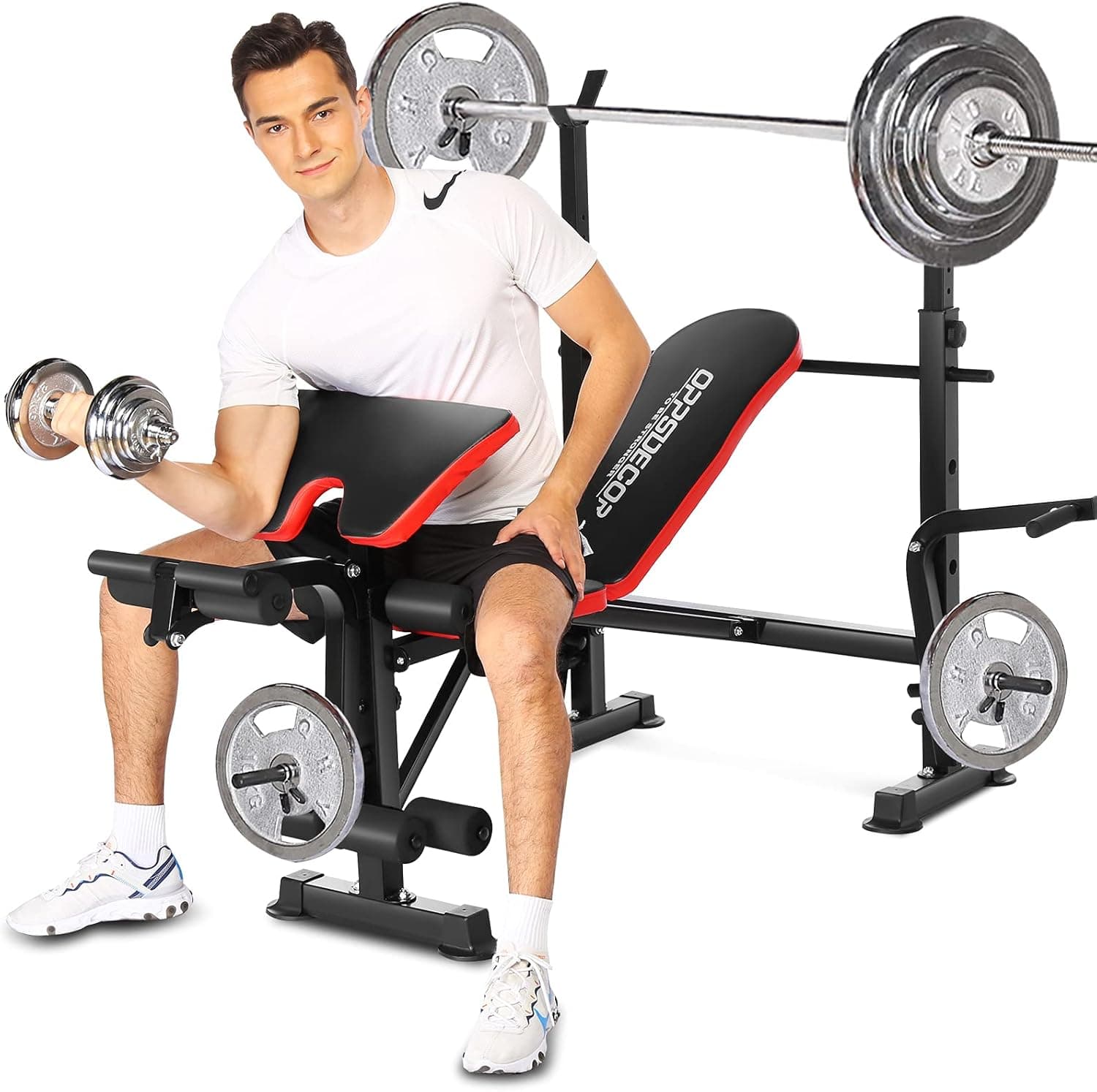 600lbs Olympic Weight Bench Set with Rack Leg Developer Preacher Curl 5 in 1 Adjustable Bench Press Workout Bench Set for Full Body Exercise Home Gym(US Stock)