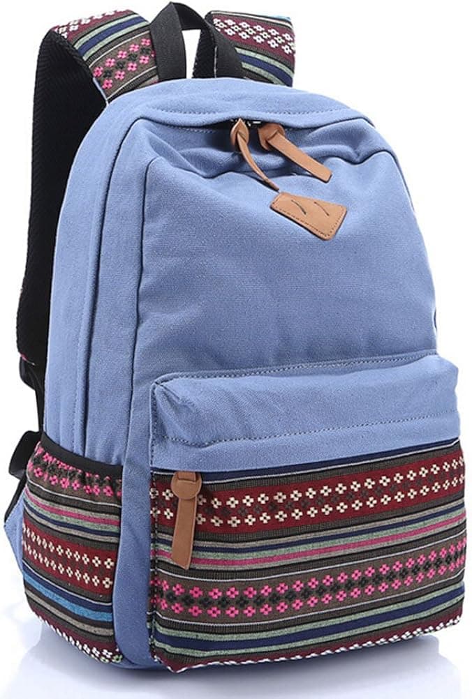 Rbenxia Light Blue Canvas School Bag Casual Daypack, Girls Lightweight Canvas Backpack Laptop Bag Shoulder Bag School Backpack