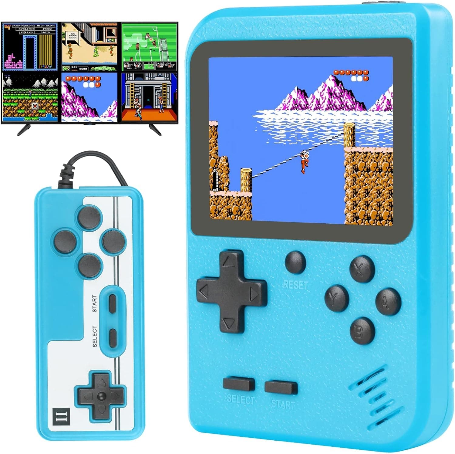 Melusen Handheld Retro Game Console, Mini Portable Game Console, 400 Classic FC Games, 800mAh Rechargeable Battery, Support TV Connection & Two Players, Suitable for Kids Adults (Blue)