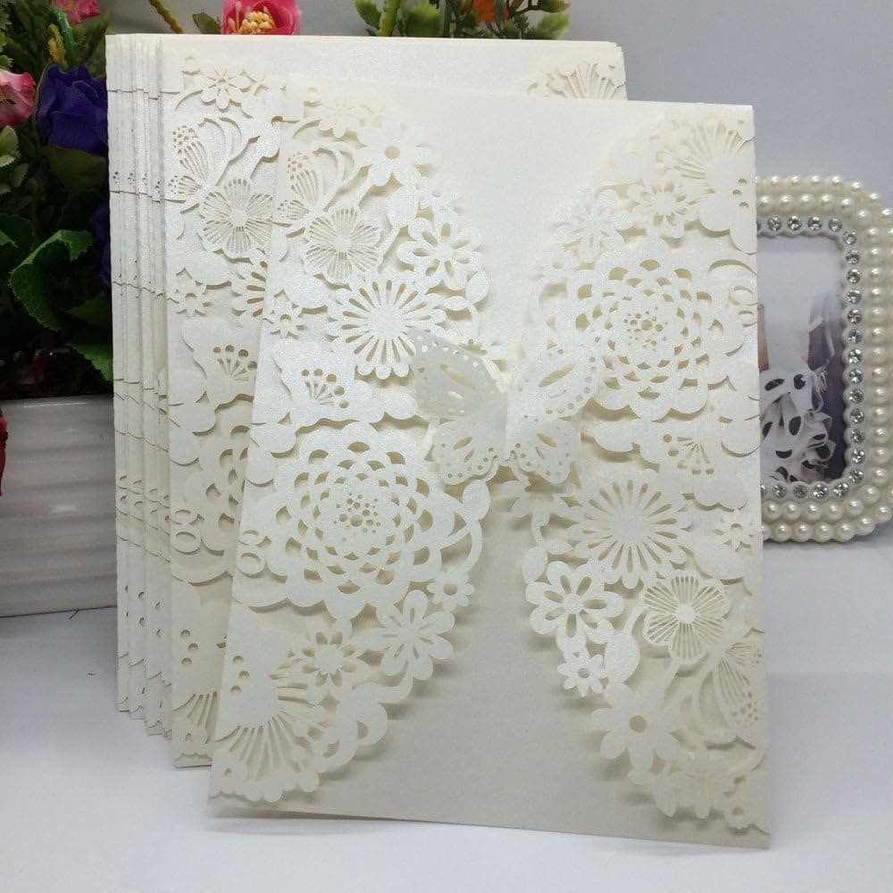 20Pcs/pack Carved Flower Butterfly Pattern Wedding Invitation Card Exquisite Hollow Out Romantic Cards Wedding Favor Party Supplies Decoration (Beige)