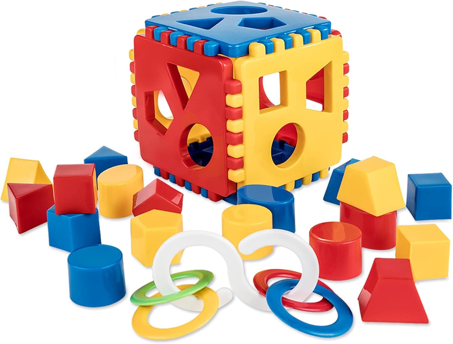 Mimtom Shape Sorter Toy | Re-buildable Baby Play Cube with 18 Sorting Blocks and Teething Rattle | Learning Toy Made in The EU - Red, Blue & Yellow
