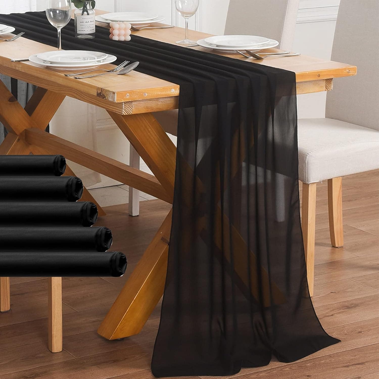 6 Pack Black Chiffon Table Runner 10ft Sheer Table Runner Tulle Table Runner 29x120 Inches Romantic Table Runner for Wedding Table Decorations