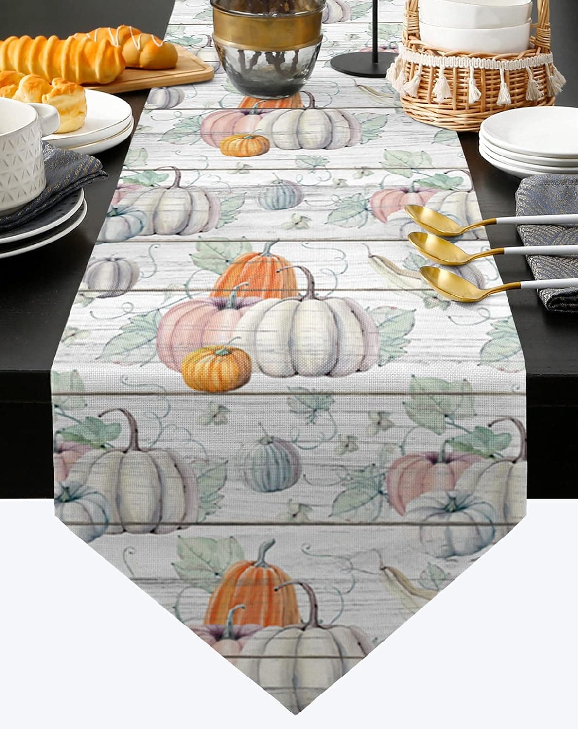 Hokiten Thanksgiving Pumpkin Table Runner - 90 Inches Long, Watercolor Pumpkin Fall Harvest Dresser Scarf Dining Tabletop Décor for Kitchen/Farmhouse/Holiday, Grey Vintage Wood Fall 13 x 90 Inch