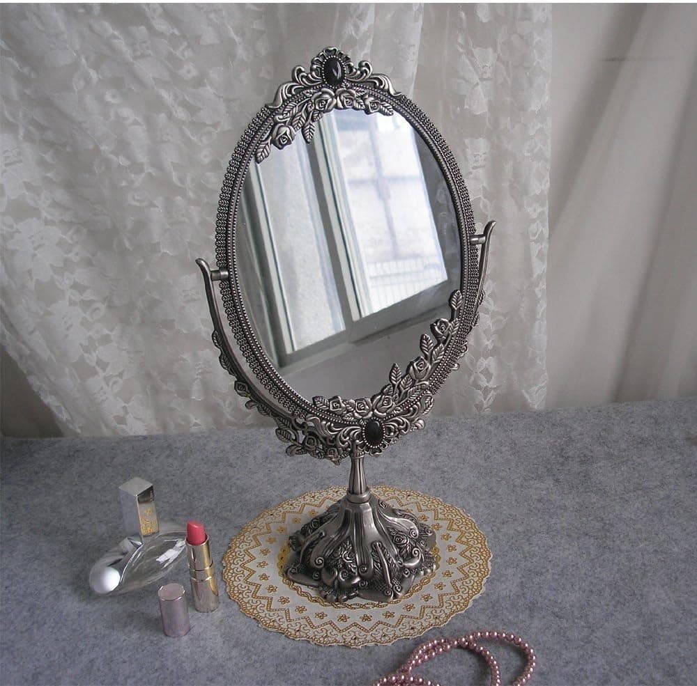 Vintage Two Sided Swivel Oval Desk Rose Flower Metal Embossed Beauty Makeup Cosmetic Standing Mirror(Antique,S)