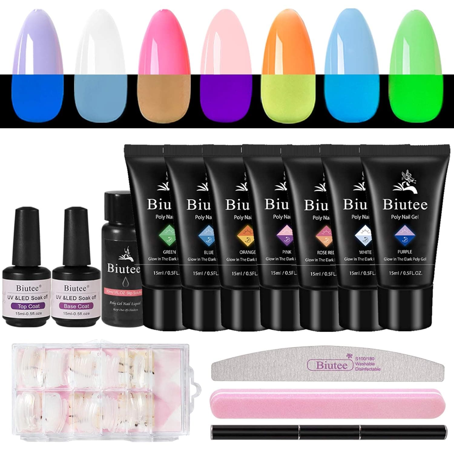 Biutee Glow In The Dark Poly Nail Gel 7colors 0.53oz with 30ml Slip Solution Base Coat Top Coat Nail Form Nail File Bursh Pen Builder Gel Nail Extension Gel