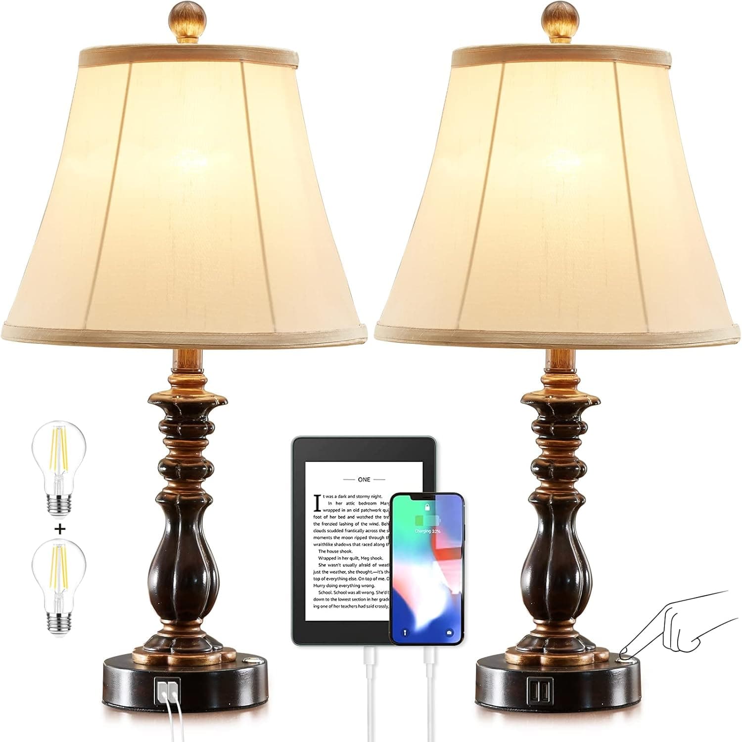 Set of 2 Touch Farmhouse Table Lamps for Bedrooms, 3 Way Dimmable Vintage Bedside Lamp with 2 USB Ports, Rustic Nightstand Lamp for Living Room End Tables Cabin, Brown Finish, 2 LED Bulbs Included