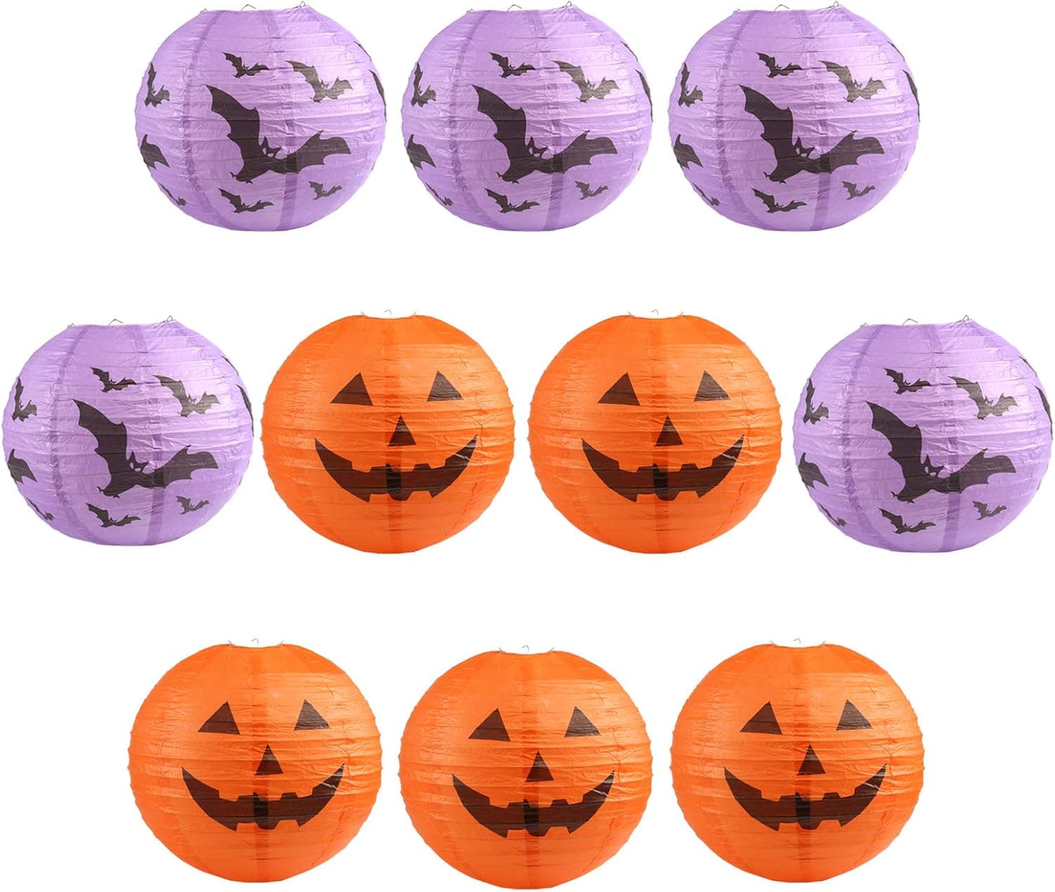 Kesoto 10 PCS Halloween Paper Lanterns Halloween Pumpkin and Bat Hanging Paper Lantern for Home Outdoor Decoration, 10 Inch, Orange, Purple