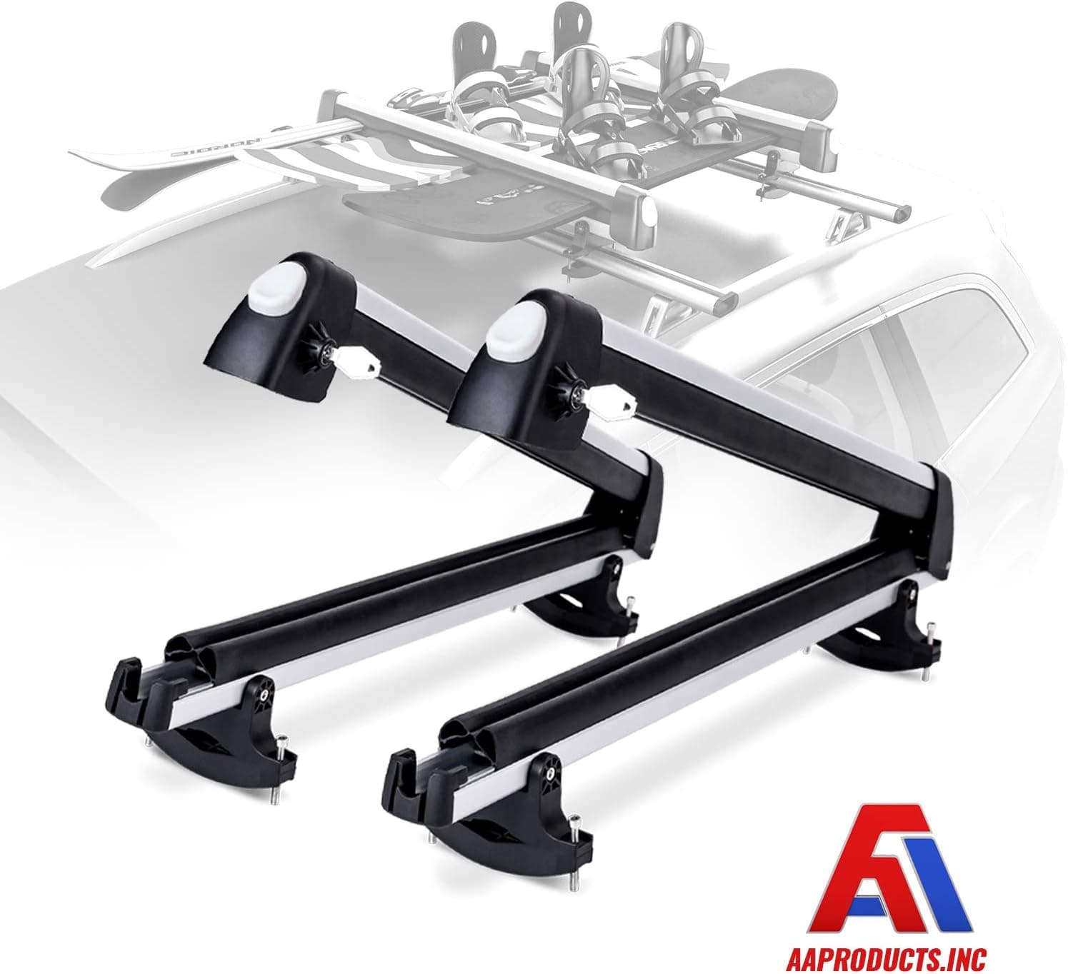 AA Products 33'' Aluminum Universal Ski Roof Rack Fits 6 Pairs Skis or 4 Snowboards, Ski Roof Carrier Fit Most Vehicles Equipped Cross Bars