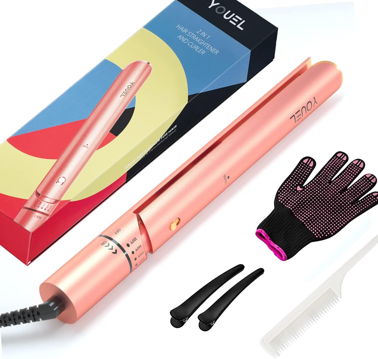 2 in 1 Hair Straightener, 4.1" Length Hair Straightener and Curler 2 in 1, Straightening Iron with Negative Ion & Infrared for Repairing Hair, Flat Iron Curling Iron in One with 5 Temp Level