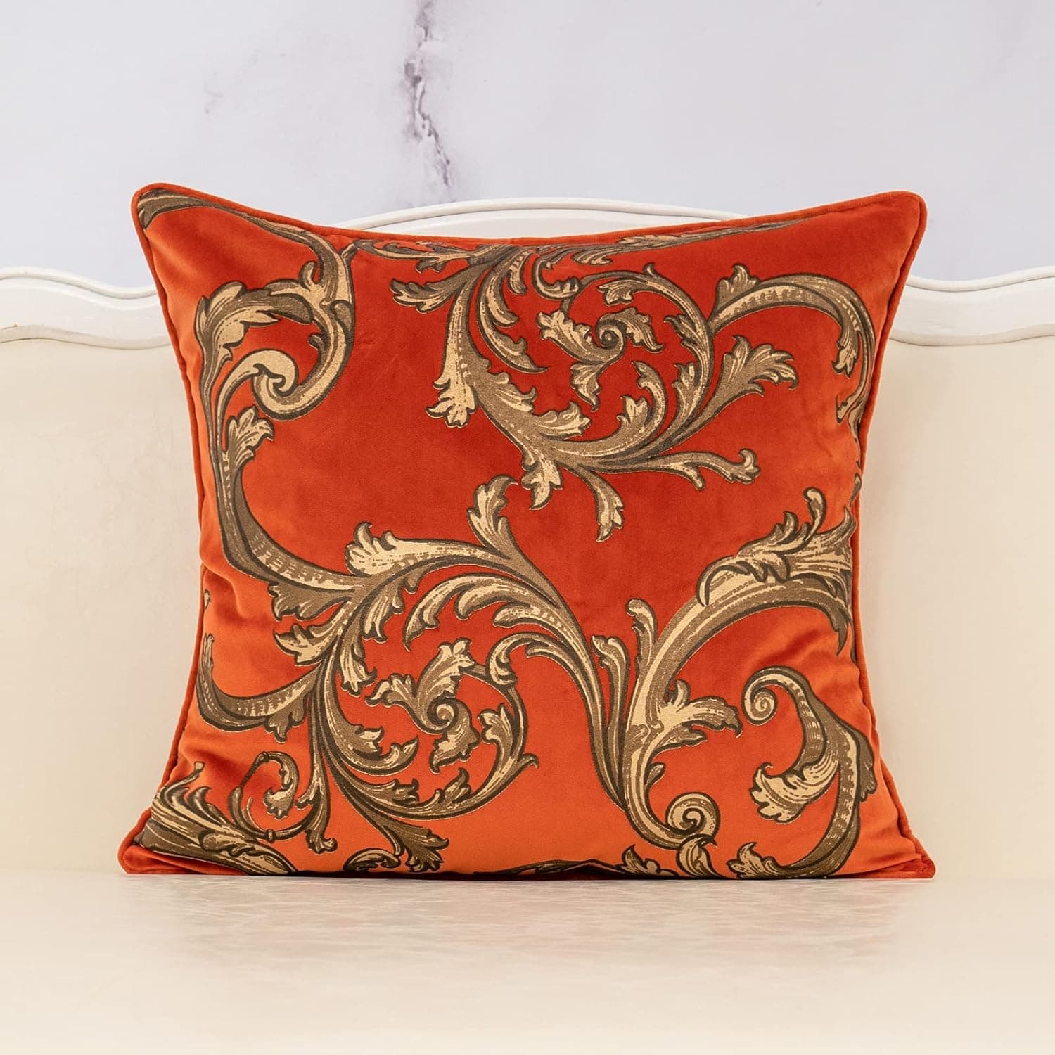 Alerfa 20 x 20 Inch Orange Red Luxury Velvet European Garden Style Floral Pattern Cushion Case Square Throw Pillow Cover Decorative Pillow for Couch Sofa Living Room Bedroom Car