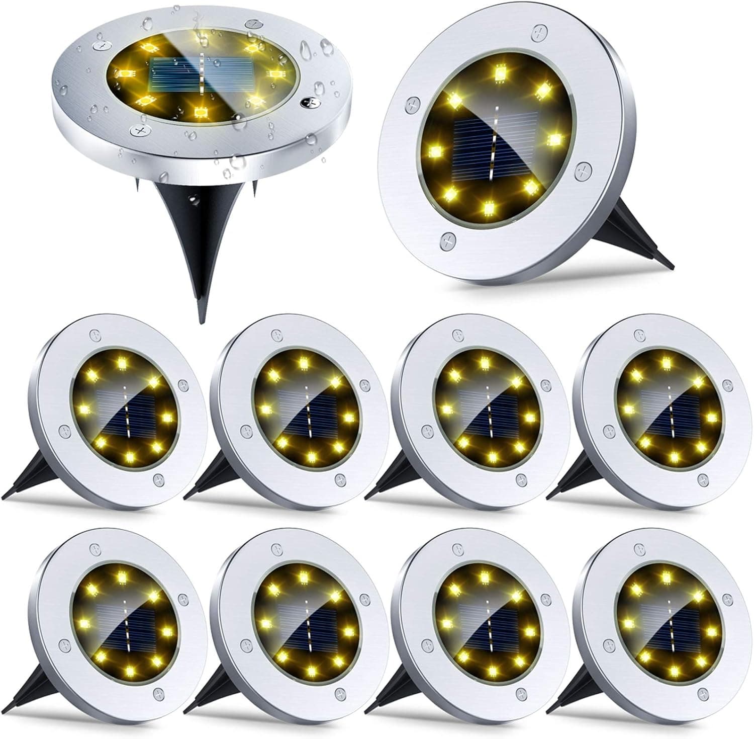 Solar Ground Lights - 10 Packs 8 LED Outdoor Solar Disk Lights Waterproof In-Ground Garden Sidewalk Lights Solar Powered Landscape Lighting for Lawn Patio Pathway Yard Deck Walkway (Warm White)