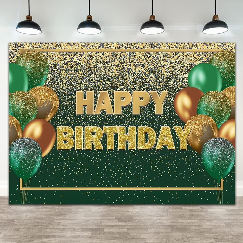 Ticuenicoa 7×5ft Glitter Green Gold Birthday Backdrop Gold Green Bokeh Balloons Women Men Happy Birthday Banner Decorations 30th 40th 50th 60th Birthday Party Photography Background Photo Props