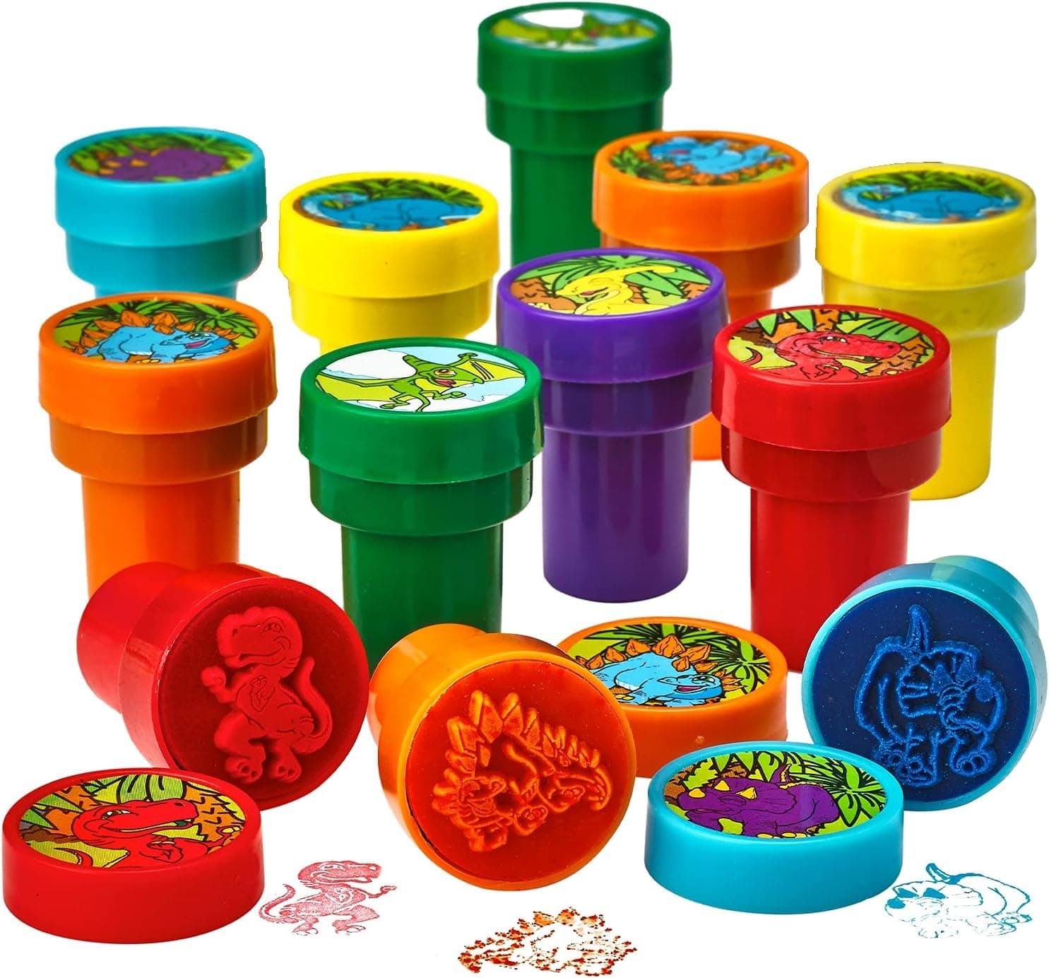 Kicko Dinosaur Stampers 1.5 Inches - 12 Pieces - Assorted Colored Dinosaur Stampers - for Kids Party Favors, Bag Stuffers, Fun, Toy, Prize