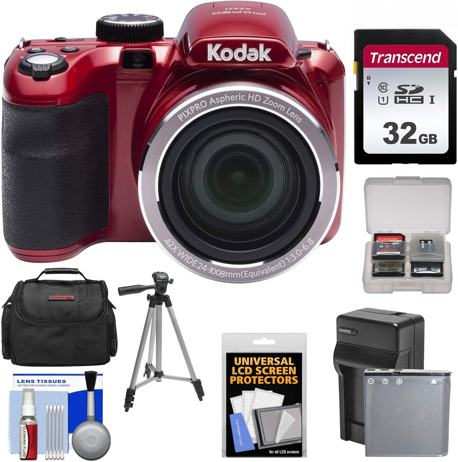 KODAK PIXPRO AZ421 Astro Zoom Digital Camera (Red) with 32GB Card + Case + Battery/Charger + Tripod + Kit