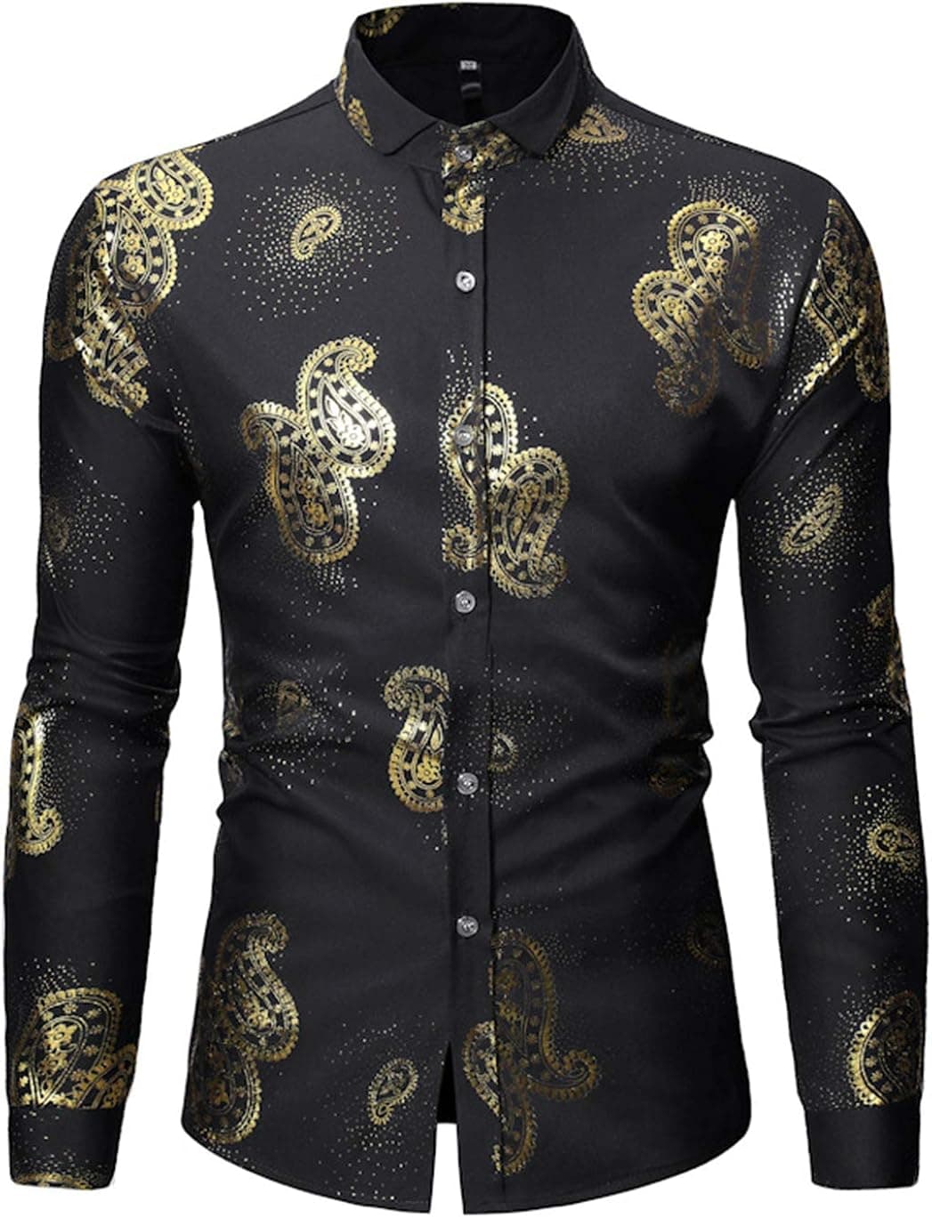 HOP Mens Paisley Print Shirt Luxury Gold Design Long Sleeve Slim Fit Button Down Shirts HOPM339-Black-XL