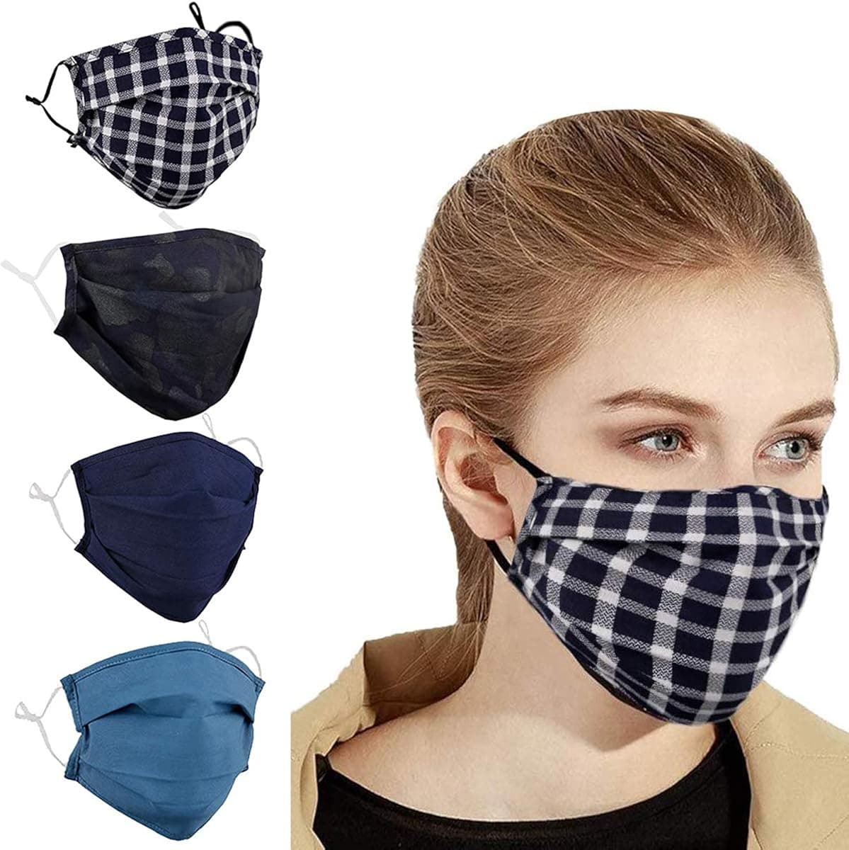 WGWJM 4 Pack Adult Women Men Washable Mask Reusable Cloth Mask Cotton Mask with Adjustable Ear Loops Breathable Face Cover for Home Office Work Outdoors(Navy)