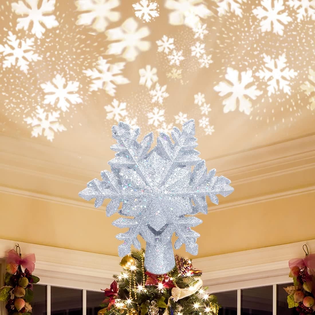 Christmas Tree Topper Lighted-Snowflake Tree Topper Projector with LED Rotating, 3D Hollow Glitter Sliver Lighted Tree Topper Star