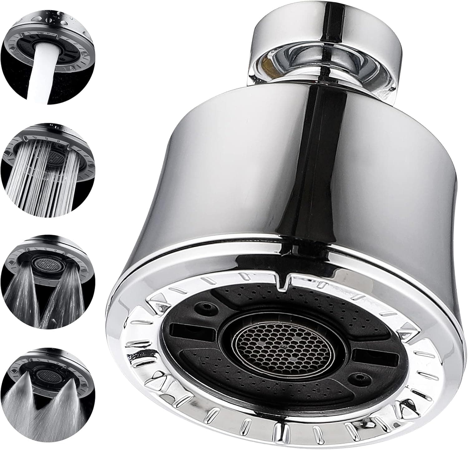 Kitchen Faucet Aerator 210741CP, Faucet Sprayer Attachment, Big Angle Swivel Kitchen Faucet Aerator,Sink Faucet Head Replacement, 4 Spray Models, 55/64-27UNS Famale Thread, Polished Chrome