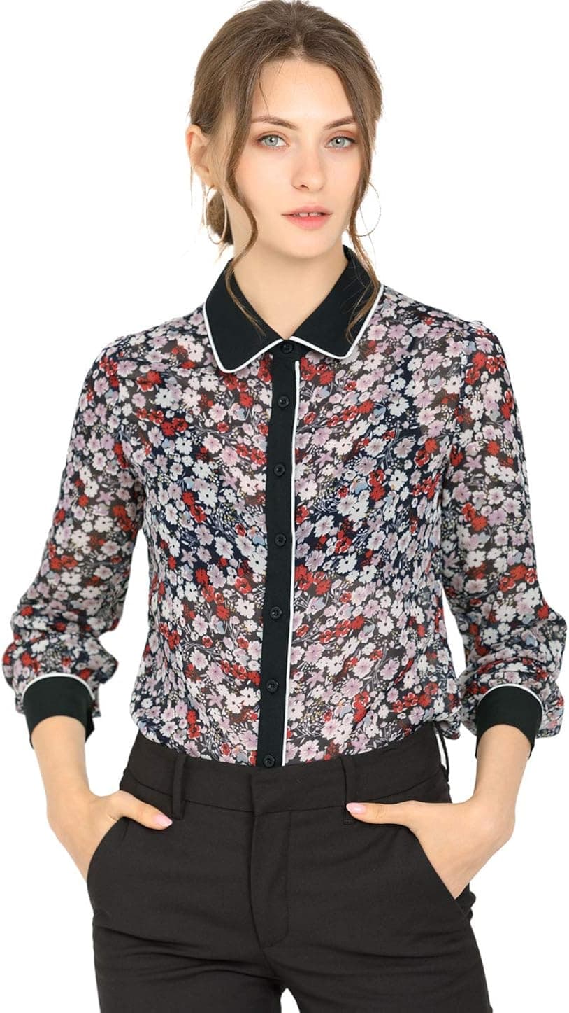 Allegra K Women's Button Down Shirt Long Sleeve Contrast Collar Floral Blouse Top
