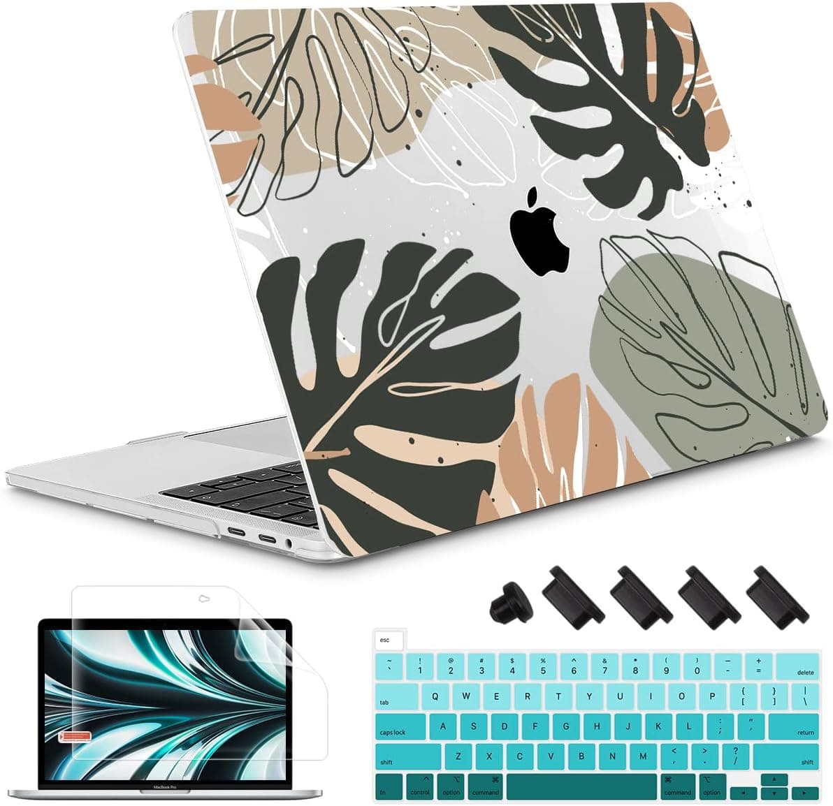 May Chen Compatible with MacBook Pro 16 inch Case 2020 2019 Release A2141 with Touch Bar&Touch ID, Plastic Hard Shell Case with Keyboard Cover + Screen Protector, Abstract Leaves