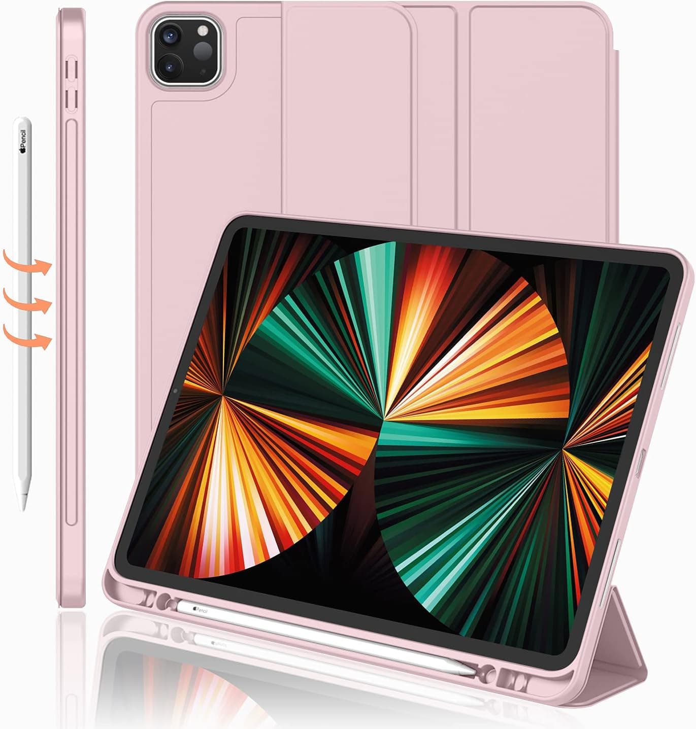 iMieet New iPad Pro 12.9 Case 2021(5th Gen) with Pencil Holder [Support iPad 2nd Pencil Charging/Pair],Trifold Stand Smart Case with Soft TPU Back,Auto Wake/Sleep(Pink)