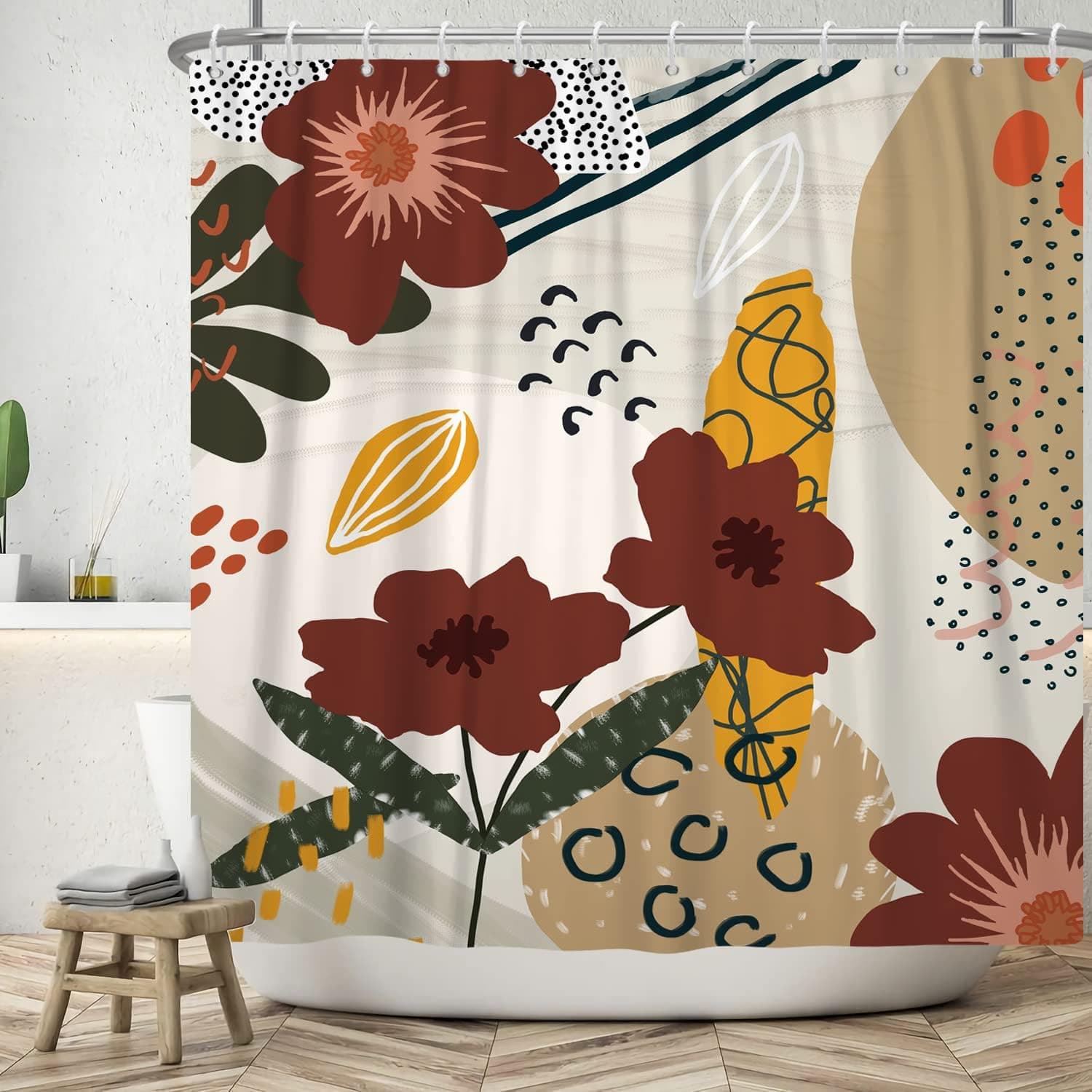 Bovlleetd Boho Floral Shower Curtain 72x78Inch Modern Abstract Blossom Flowers Plants Beige Bathtub Curtain Mid Century Geometric Minimalist Aesthetics Bathrom Curtain Waterproof with Hooks