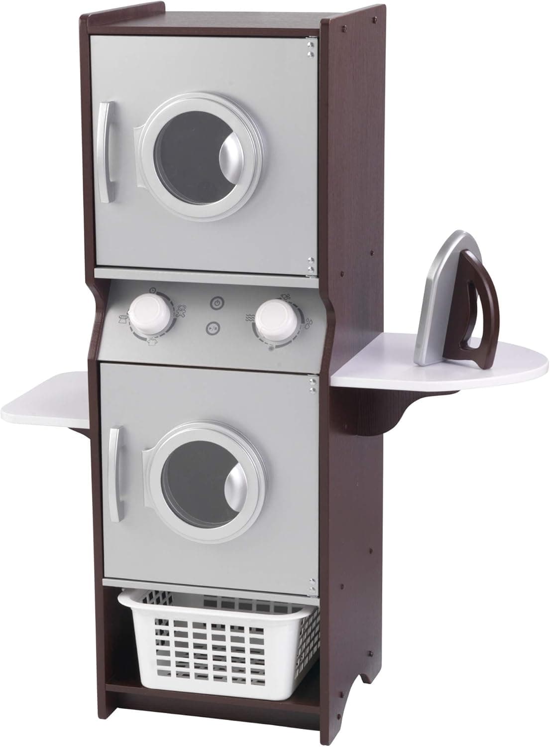 KidKraft Laundry Playset Children's Pretend Wooden Stacking Washer and Dryer Toy with Iron and Basket , Espresso, Gift for Ages 3+