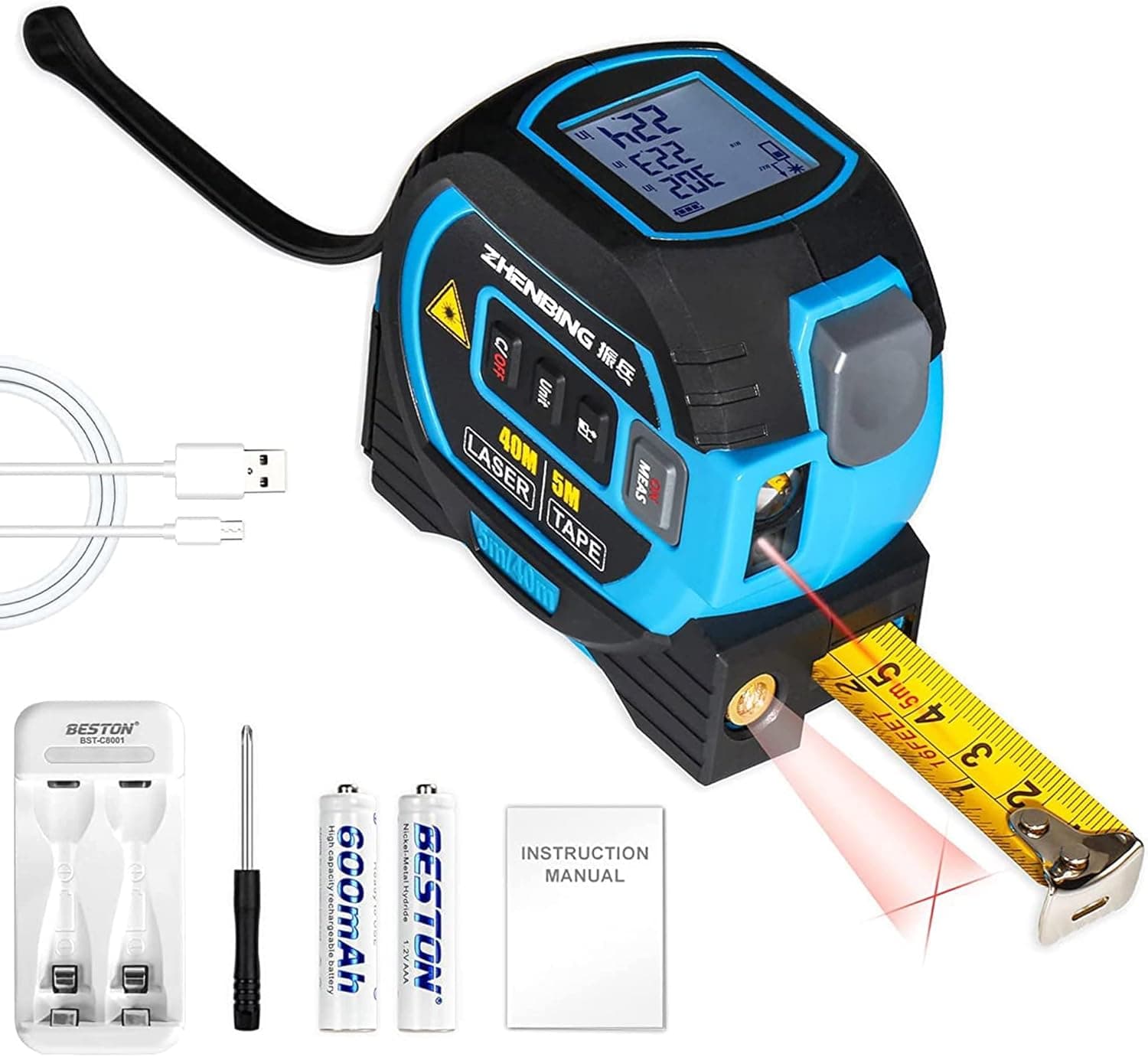 The7boX Tape Measure 3 in 1 Rechargeable Digital Distance Meters with Battery Charger , 40M Measure, 5M Tape Measure, Vertical Cross Line Measuring AreaVolume Distance Circumference