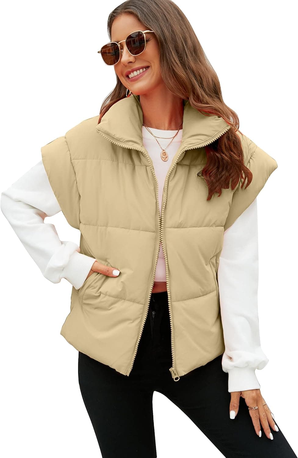 Flygo Women's Puffer Vest Zip Up Stand Collar Cap Sleeve Winter Padded Outerwear Vests