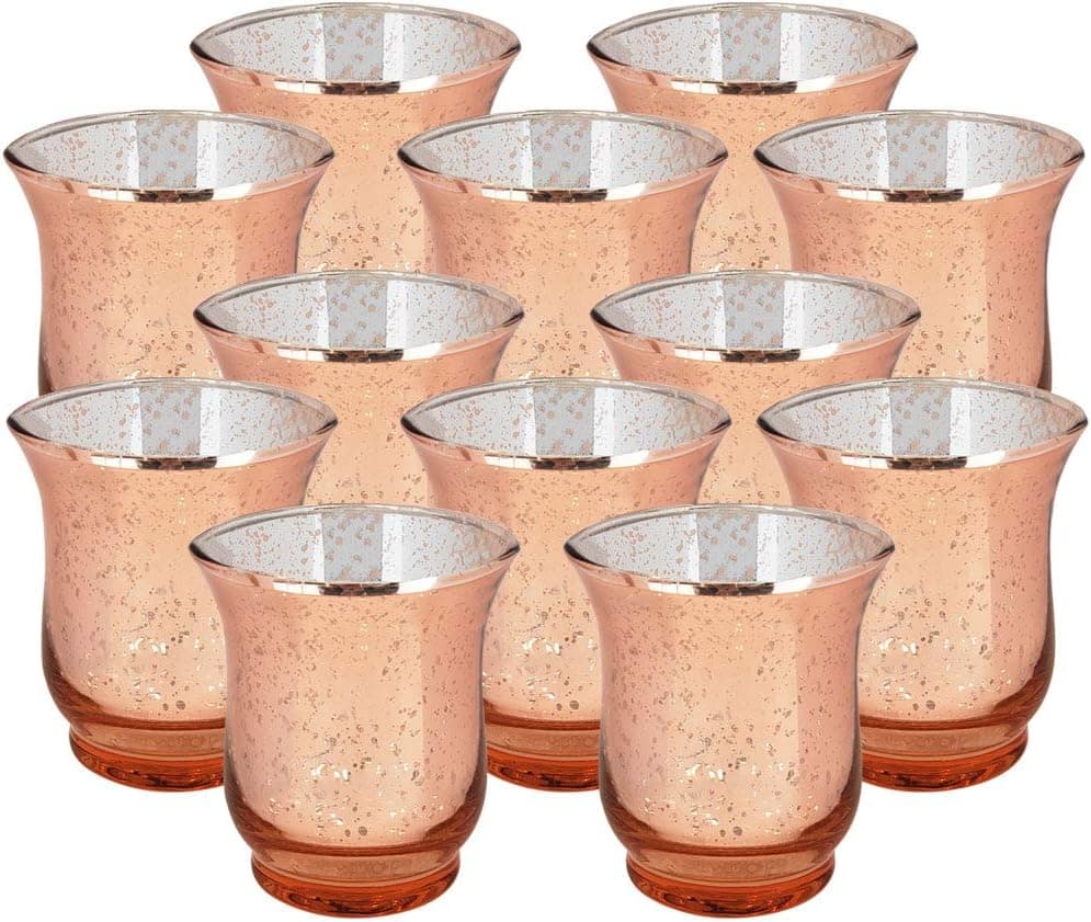 Just Artifacts Mercury Glass Hurricane Votive Candle Holder 3.5-Inch (12pcs, Speckled Rose Gold) - Mercury Glass Votive Tealight Candle Holders for Weddings, Parties and Home Décor