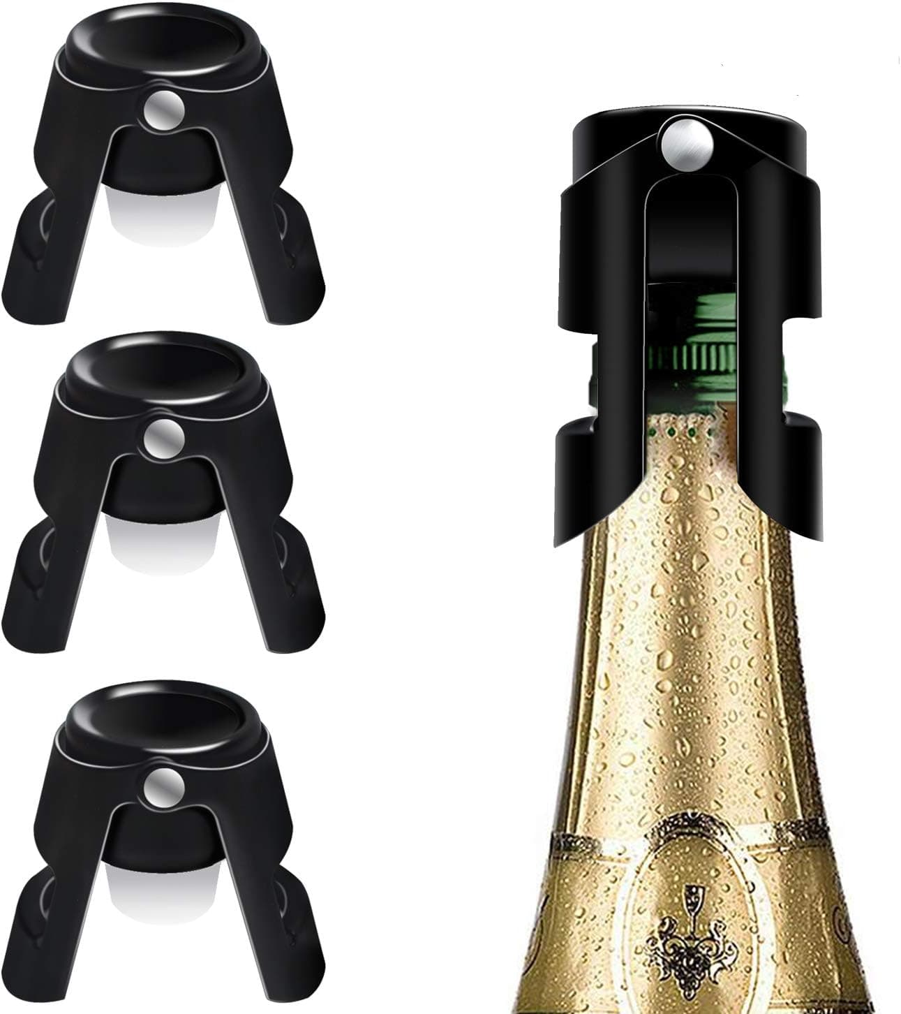 Champagne Stoppers Stainless Steel Black Sealer Stopper 3 Pack for Champagne Cava Prosecco Sparkling Wine No Leaks No Spills Stainless Steel Sparkling Wine Stopper