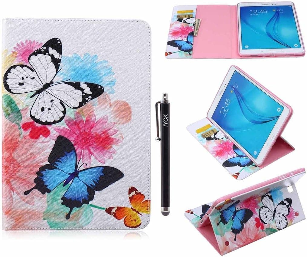 Tab E 8.0 Case, iYCK Premium PU Leather Flip Folio [Card Slot] Protective Shell Wallet Case Cover with Stand Kickstand for Samsung Galaxy Tab E 8inch SM-T377 - Butterfly Flower