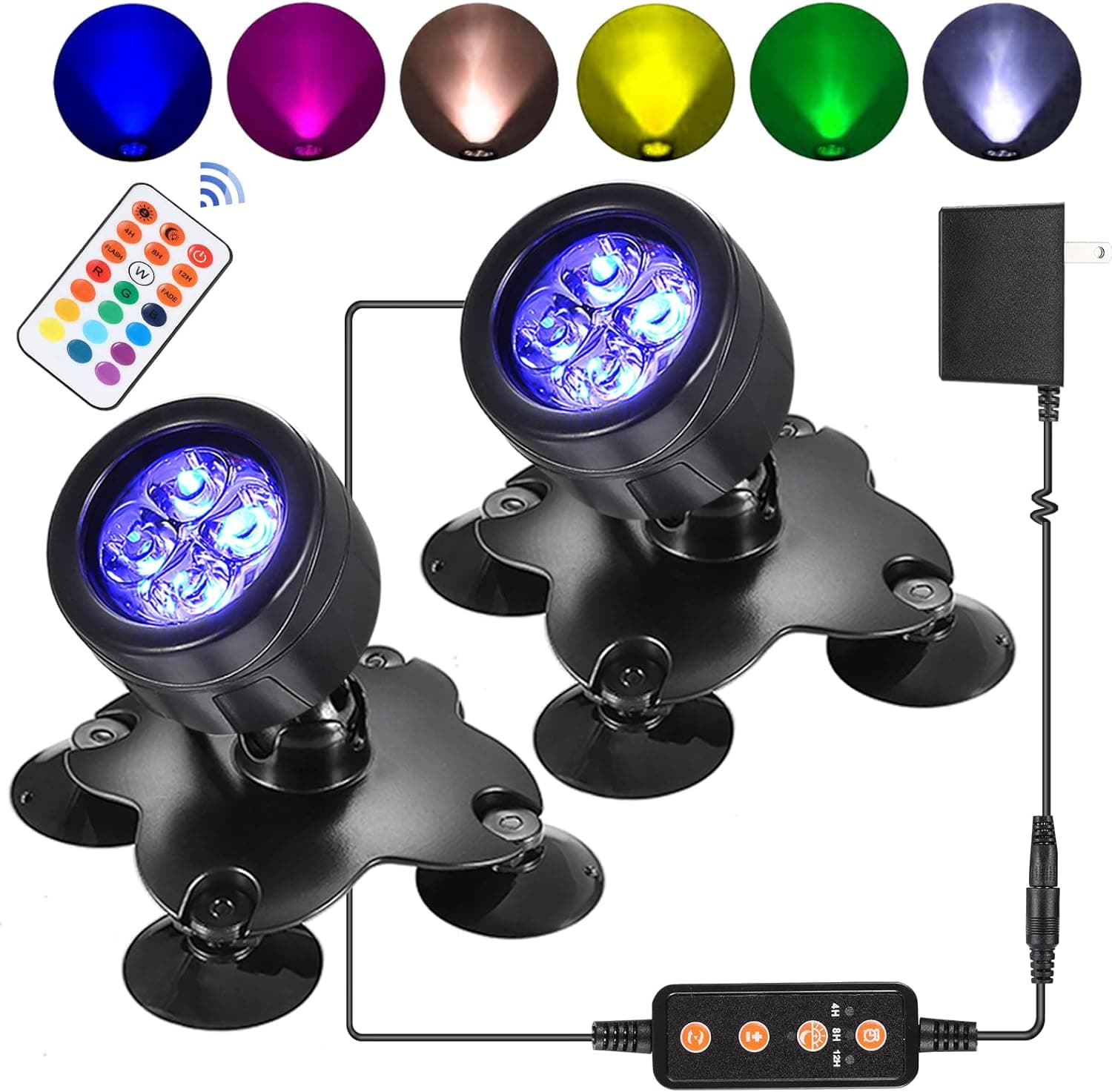 Pond Lights Led Underwater Fountain Submersible, Outdoor/Indoor Lighting, 360°Adjustable Plug-in for Floor, Tree, Pathway, Garden, Wall, Low Voltage, 20FT(2pcs)
