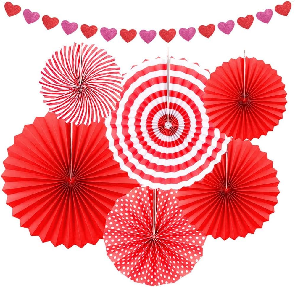 Red Party Decoration Set – 6Pcs Hanging Paper Fan with Heart Garland Banner for Valentine's Day Wedding Birthday Baby Shower Homecoming Summer, Party Favor Gift Home Office Background Photo Booth