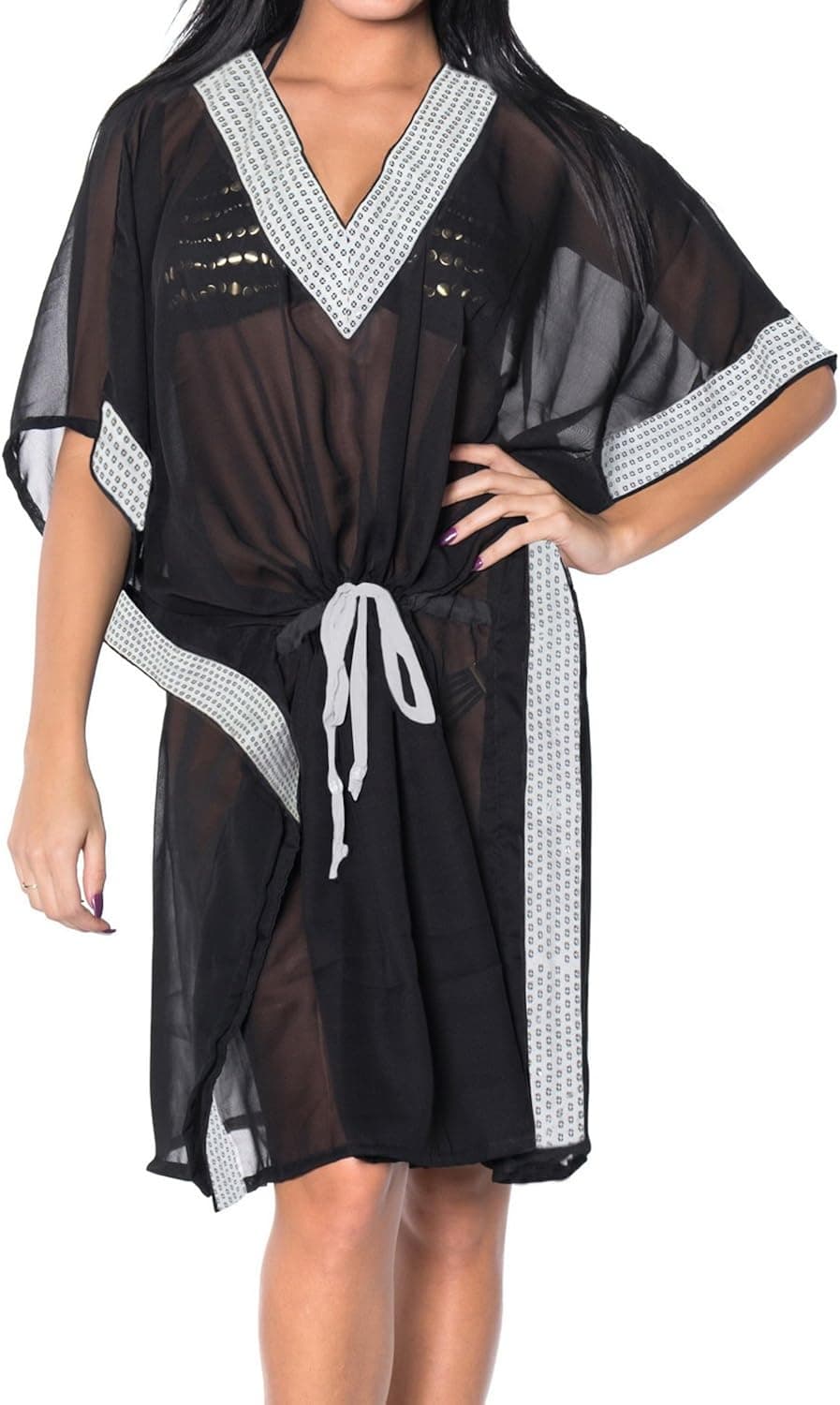 LA LEELA Women's Short Boho Bathing Suit Cover Ups 3X-4X Black-M986