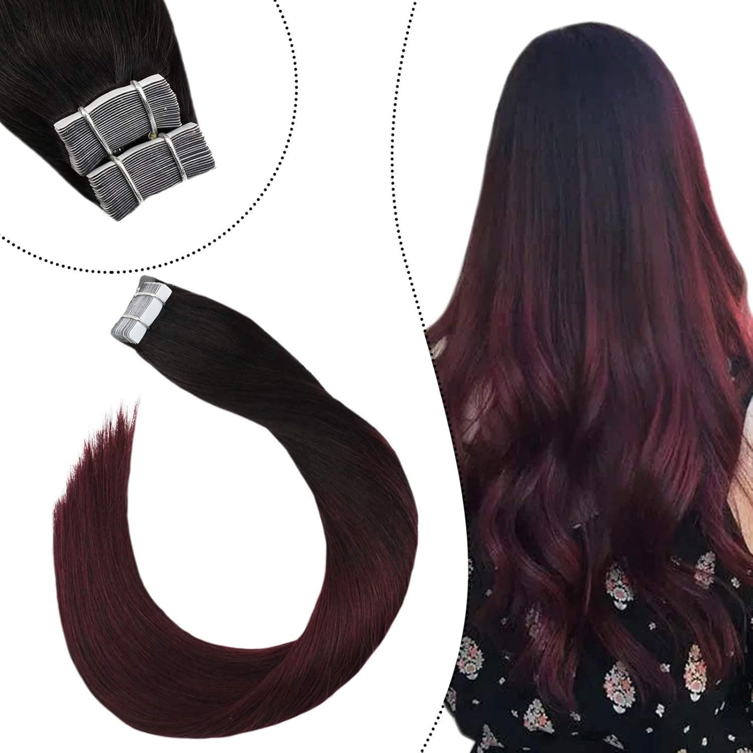 Ugeat Tape in Human Hair Extensions 12inch Tape in Real Hair Extensions 20PCS/30Gram Balayage Color #1B Off Black Fading to #99J Red Wine Skin Weft Tape on Hair Extensions